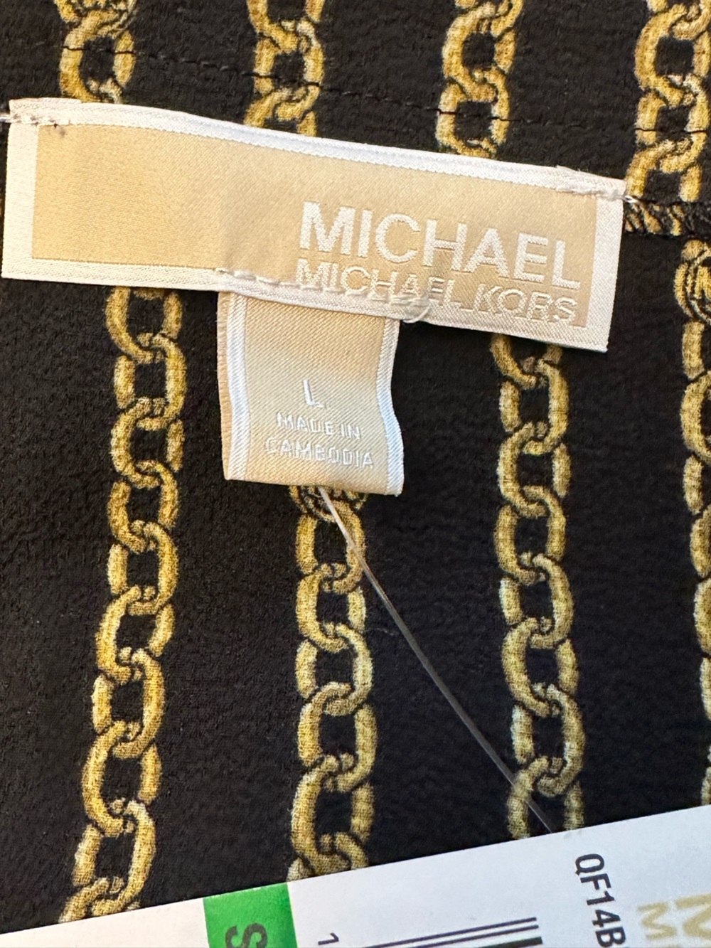 NWT Michael Kors Chain Print Blouse Large Black Gold 3/4 Sleeve Split Neck Top - Picture 7 of 9